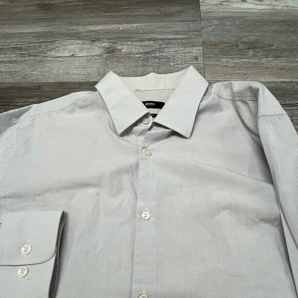 Hugo Boss Sharp Fit White Gray Grid Check Mens L 16.5 Long Sleeve Button‎ Down - Picture 1 of 8